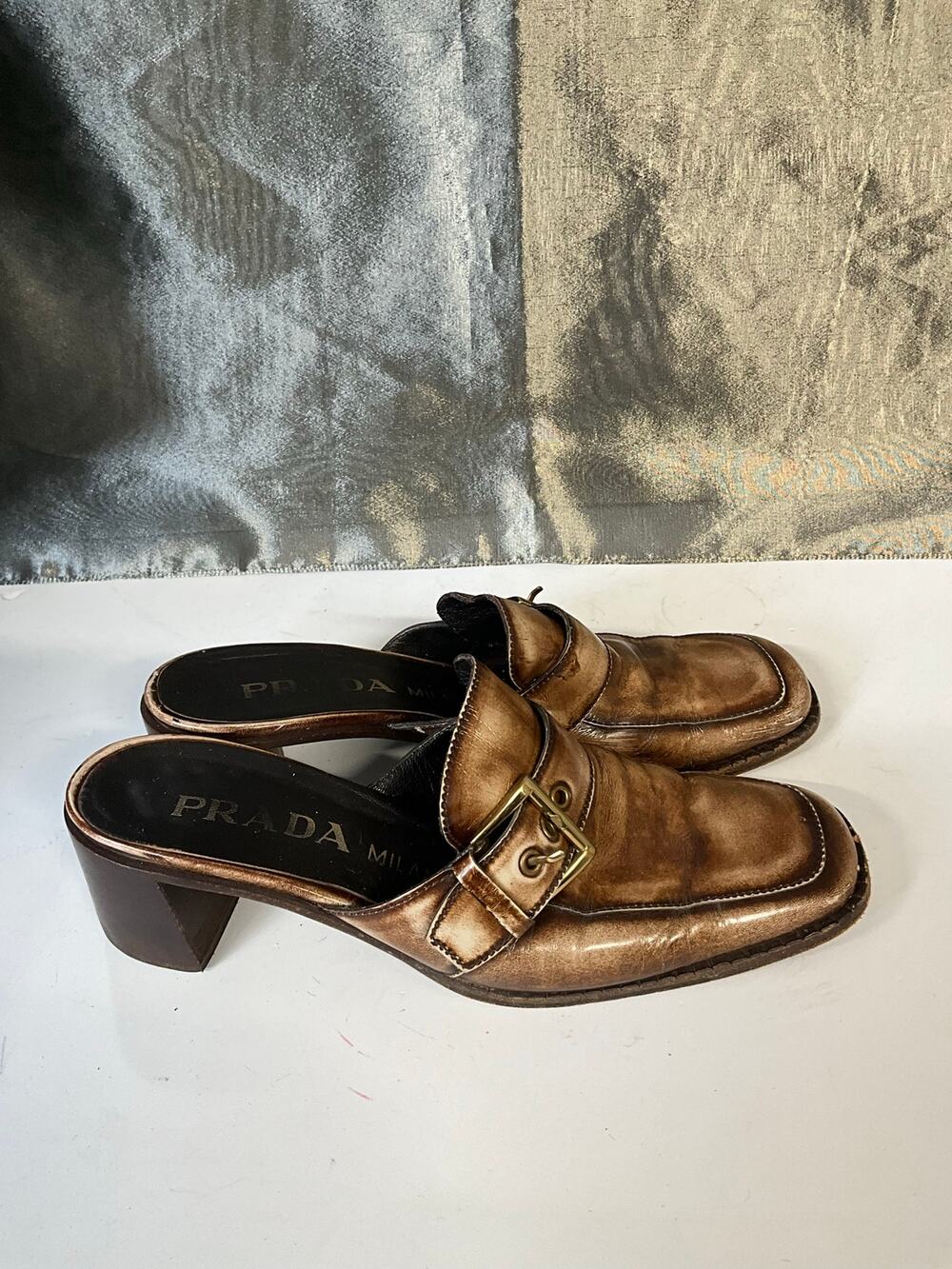 Prada Brown Leather Buckle Loafer Mules Block Heel Shoes